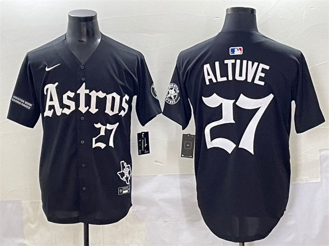 Men's Houston Astros #27 Jose Altuve Black Gothic Houston Born Barrio Raised' Limited Stitched Baseball Jersey Men's Houston Astros #27 Jose Altuve Black Gothic Houston Born Barrio Raised' Limited Stitched Baseball Jersey